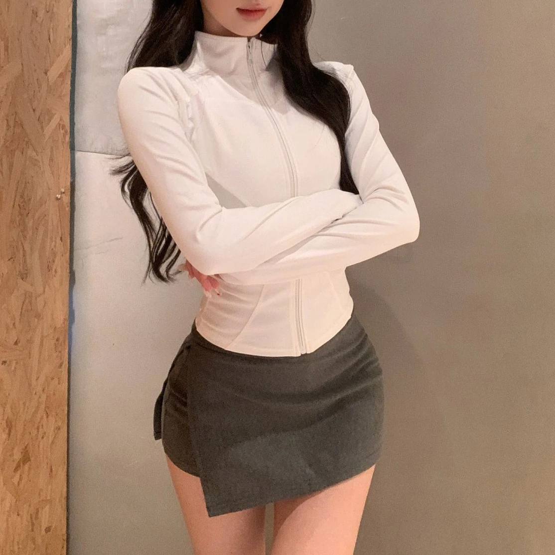 Women Spring Autumn Long Sleeve Top Fitness Zip Up Coat Gym Tracksuit Running jacket White Black Pink Grey Basic Wearing 2024