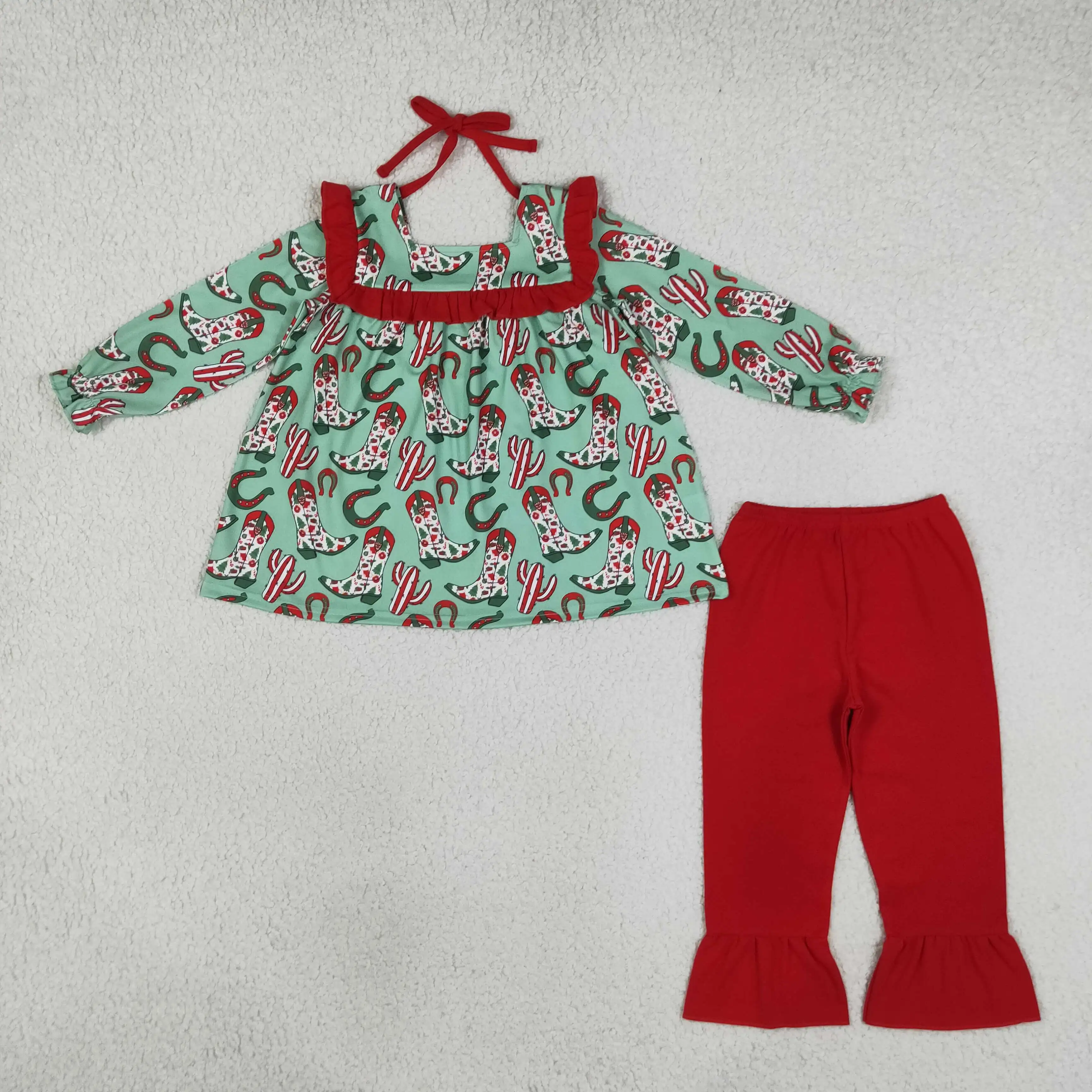 Wholesale Toddler Kids Christmas Set Long Sleeves Boots Cactus Tunic Cotton Pants Children Western Outfit Baby Girl Clothing