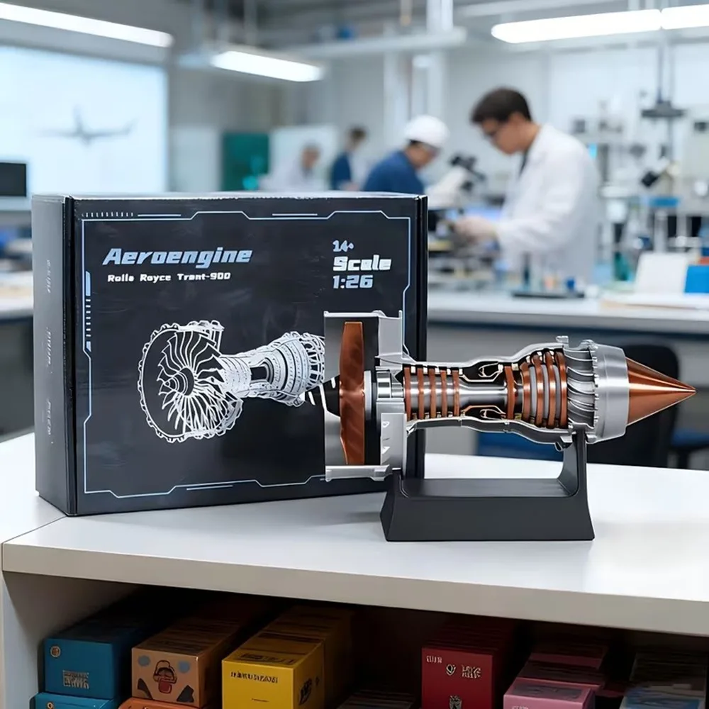 Modelo de Motor Turbofan de Avión Impreso en 3D, Set de Construcción con Superficie Metálica, Modelo PLA con Base Negra, Adorno Mecánico de Aviación para Oficina, Sala de Estar, Estudio, Regalo