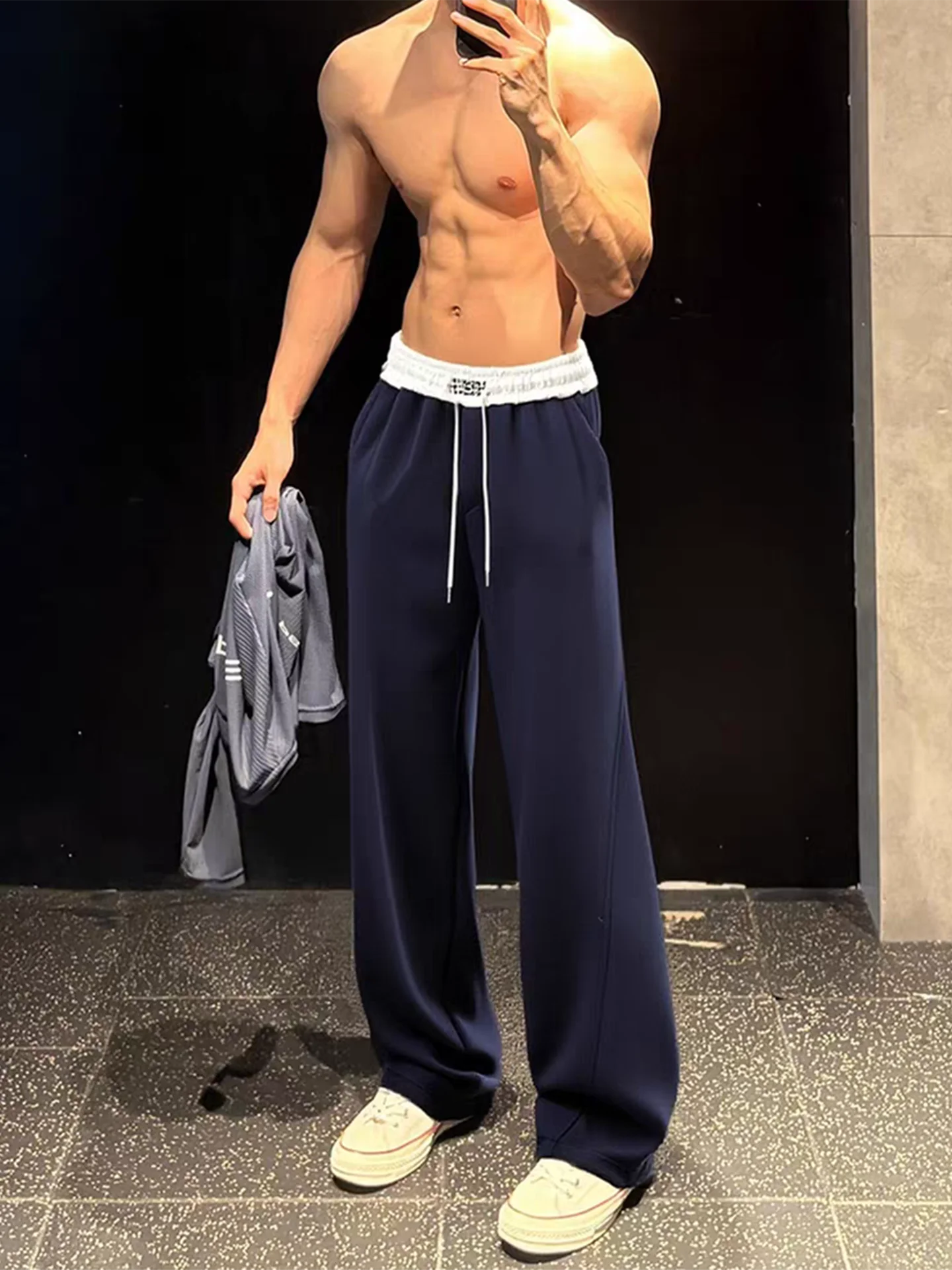 

High Waist Straight Leg Men's Casual Pants American Sport Sle Deep Blue Dstring Sweatpants Autumn Winter New Arrival