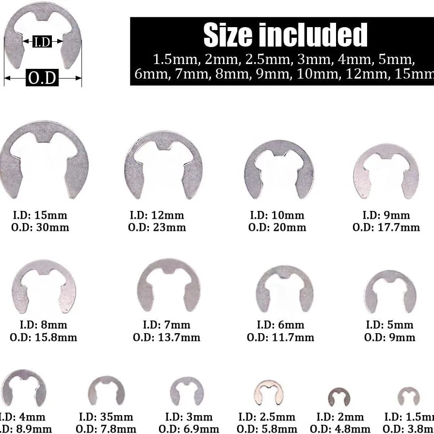 380Pcs 304 Stainless Steel E-Clip Assortment, External Circlips Retaining Rings E Type Fastener Kit in Storage Box