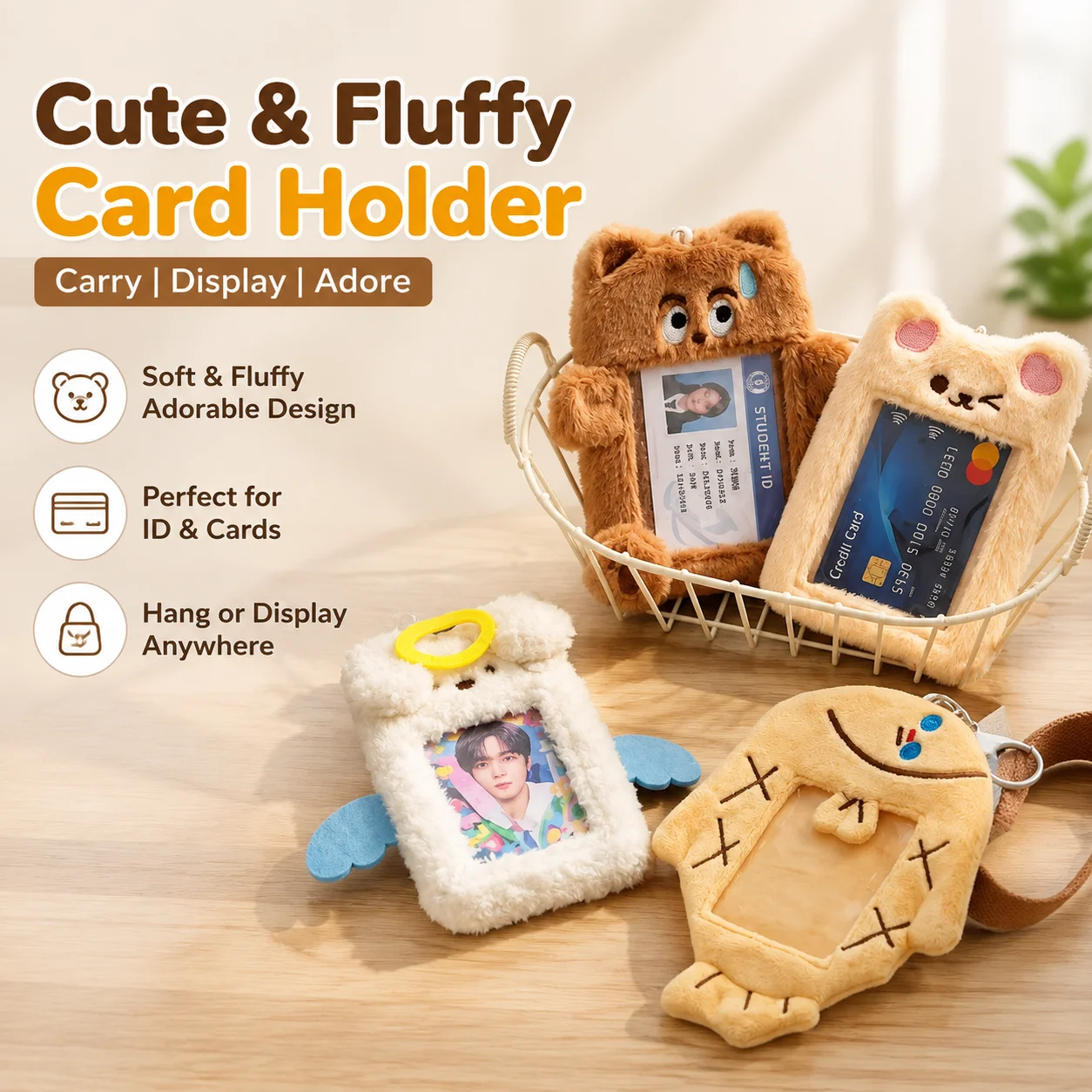 Cute Fluffy Card Holder for Student ID, Credit Cards, and K-Pop Photocards with Multiple Ins Styles and Display Hanging Feature