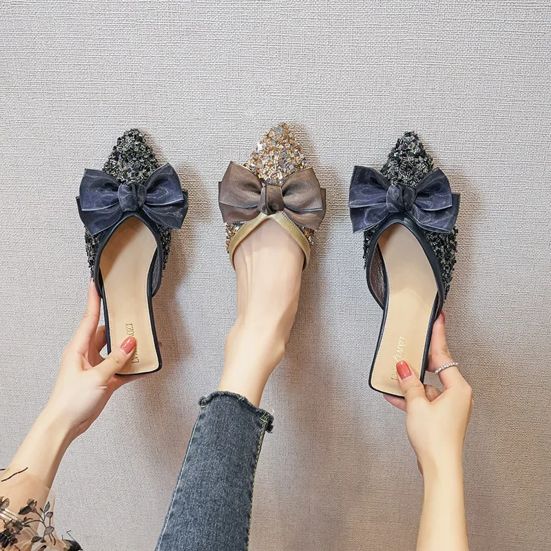 Female Summer Autumn Mules Half Wear Slip-on Shoes Flat Rhinestone Fairy Sandals Slipper Large Size 41 43
