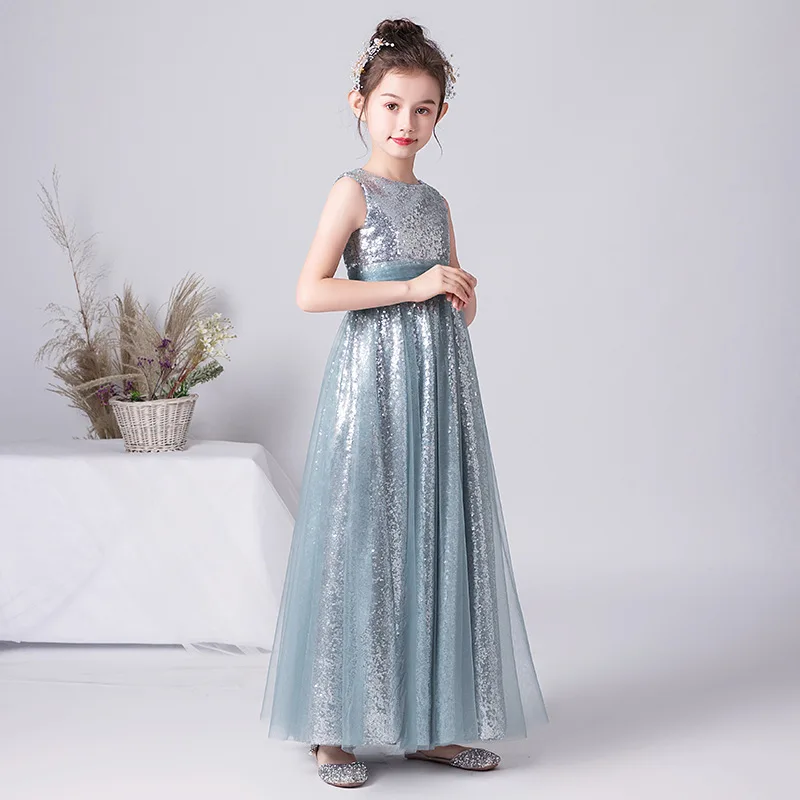 Foreign Trade Quality Children's Formal Dress Princess Dress Big Kids Performance Dress Violin Dress Recitation Dress Silver Gra