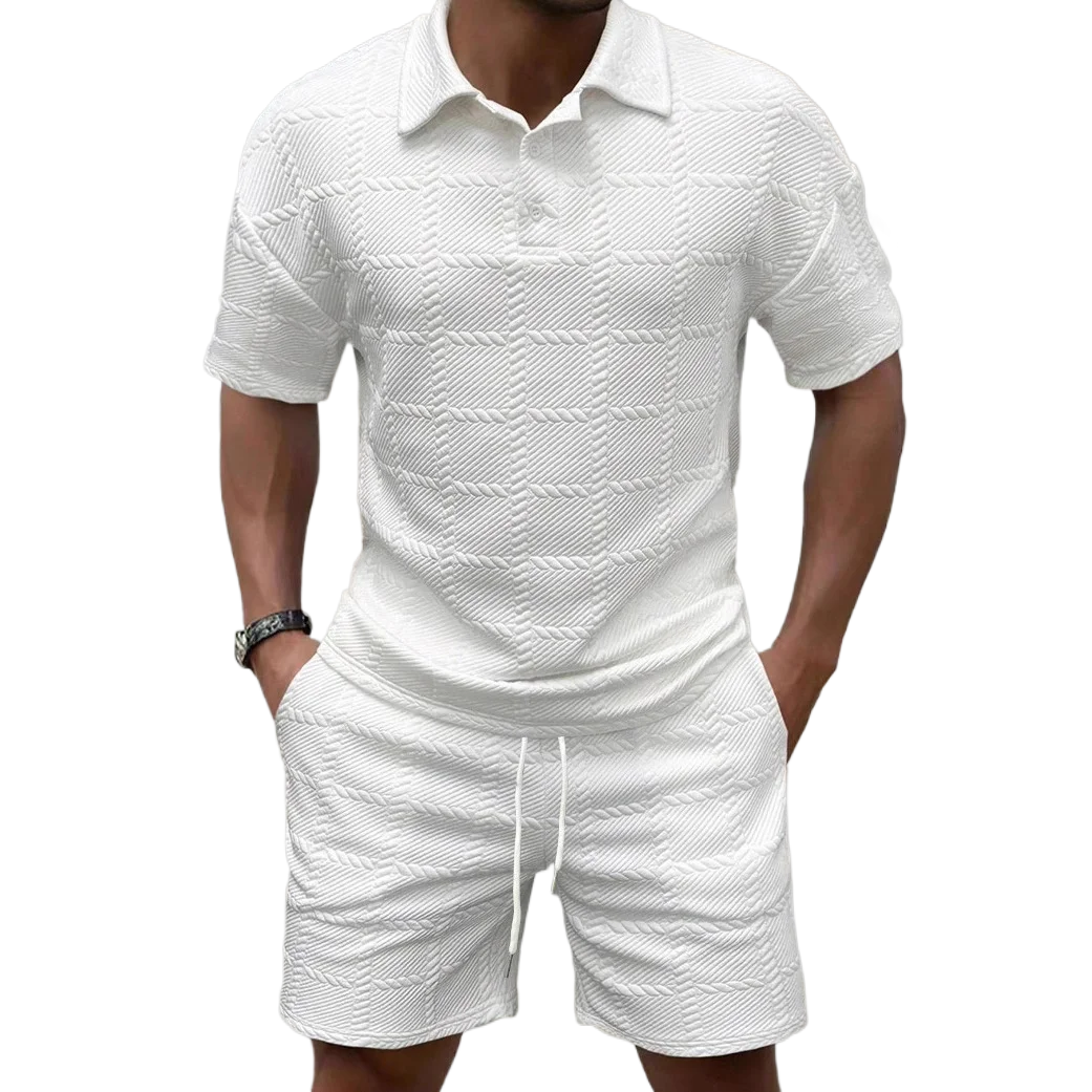 

Summer New Men's Casual Two Pieces Suits Fashion Plaid Texture Polo Neck Short Sleeve Tops and Shorts Matching Sets