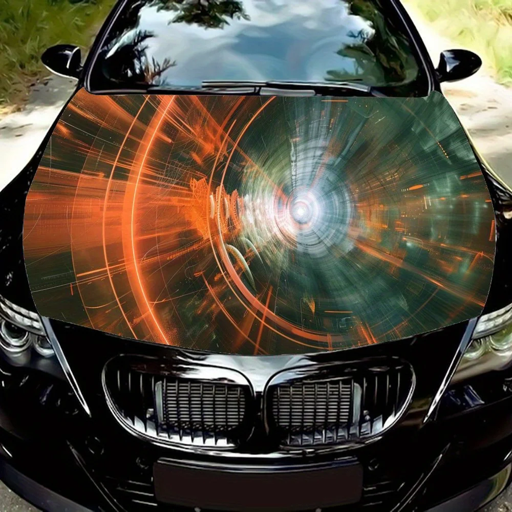 Easy-to-install A digital tunnel with neon lines pattern Car hood film, stickers - car vinyl wraps, bubble-free design, Waterpro