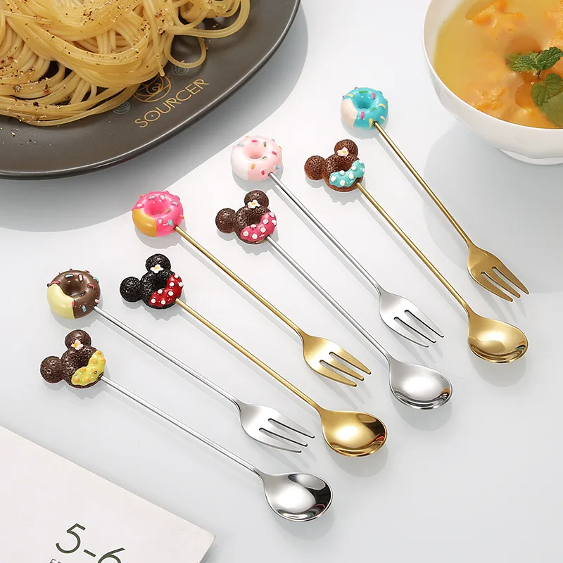 Disney Mickey Spoon Kawaii Cartoon Long Handled Stainless Steel Coffee Spoon Household Fall Prevention Heat Resistant Spoon