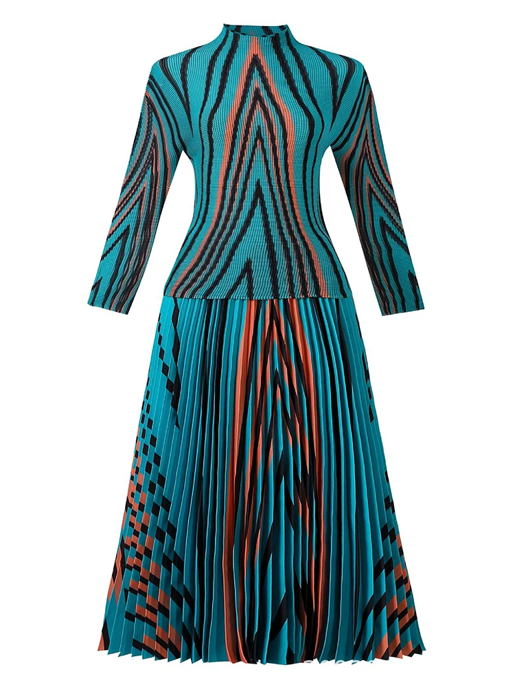 LANMREM Striped Print Pleated 2 Piece Set Women Streetwear Long Sleeves Tops High Waist A-line Skirts 2024 New Clothing 32C920