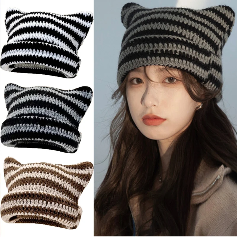 Y2K Knitted Cute Cat Ears Beanie Hats for Women Winter Warm Striped Korean Punk Gothic Streetwear Handmade Crochet Bucket Cap