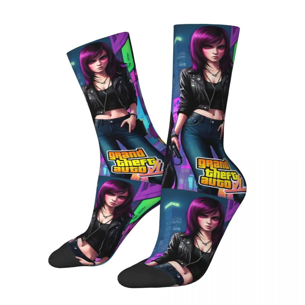 New Game GTA 6 Lucia Outfits Men Women Socks Cozy Skateboard Middle Length Sock Cotton Birthday Present