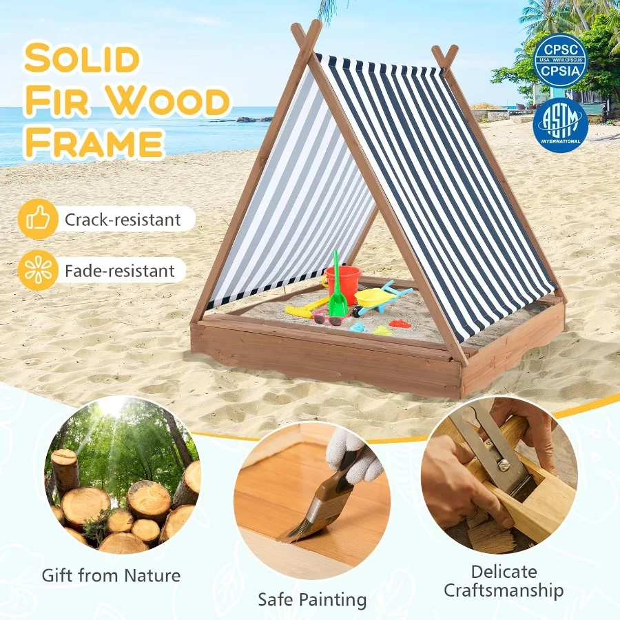 Caja de arena con dosel de madera de abeto sin fondo para niños pequeños, juego de arena con dosel de tela de buey extraíble, cajas de arena para patio trasero al aire libre Bea