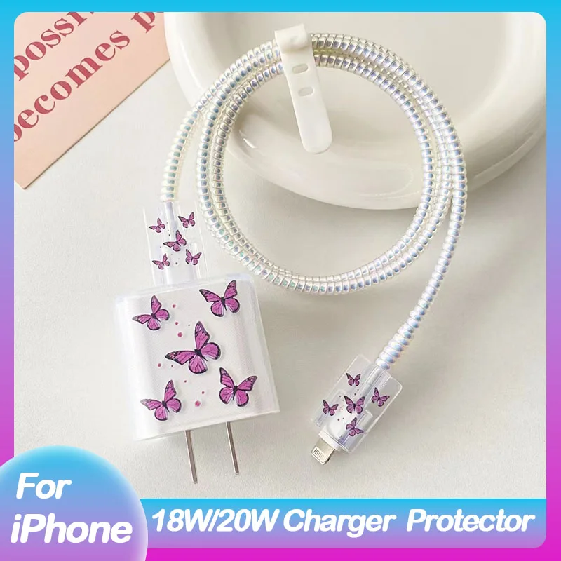 Protection Case Printing Butterfly Style For Iphone Apple 18/20W Charger Protector Shell USB Cable Management Cord Winder Kit