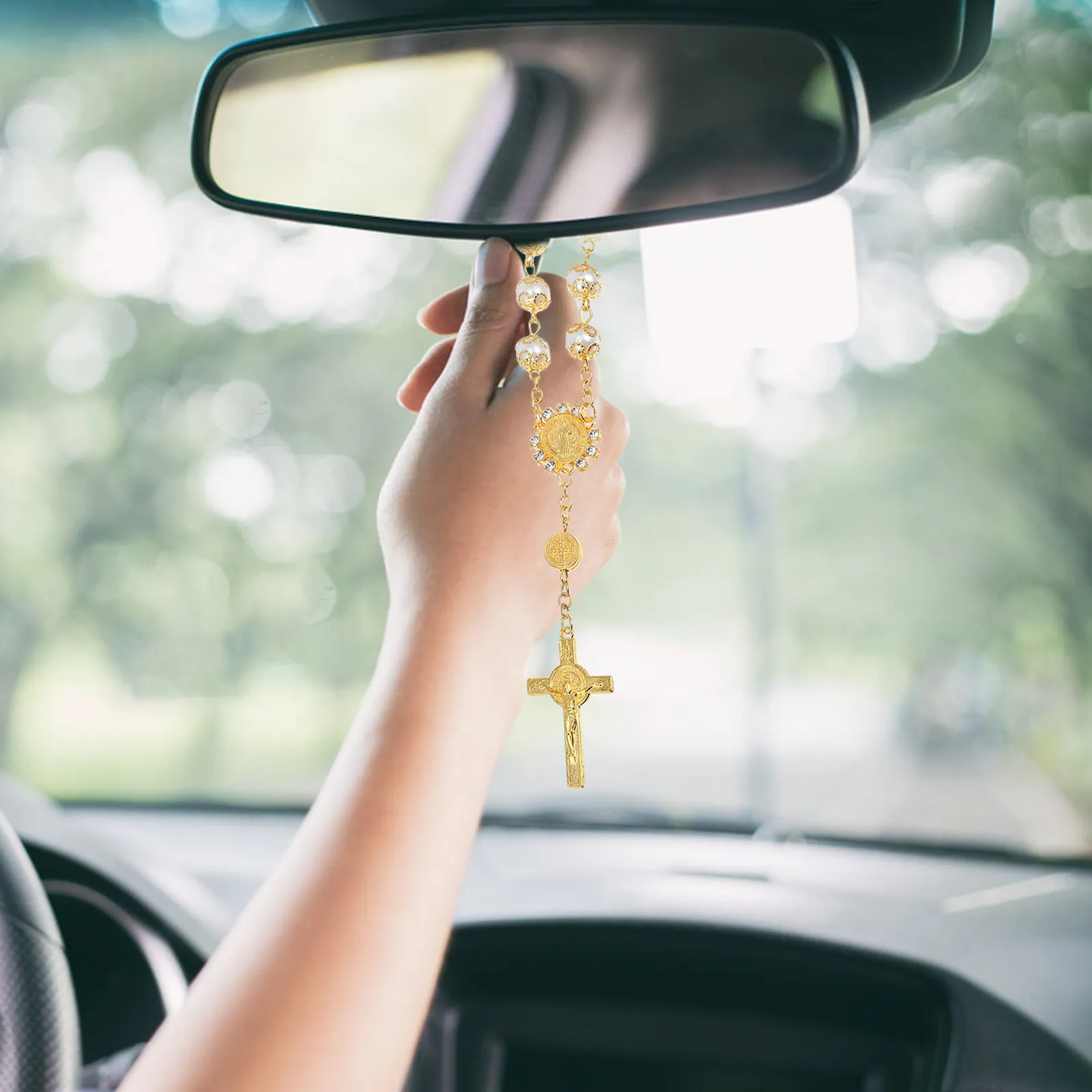 Pearl Style Car Ornament Cross Pendant Aluminum Alloy Rear View Mirror Accessories Easy Install Elegant Hanging Decor