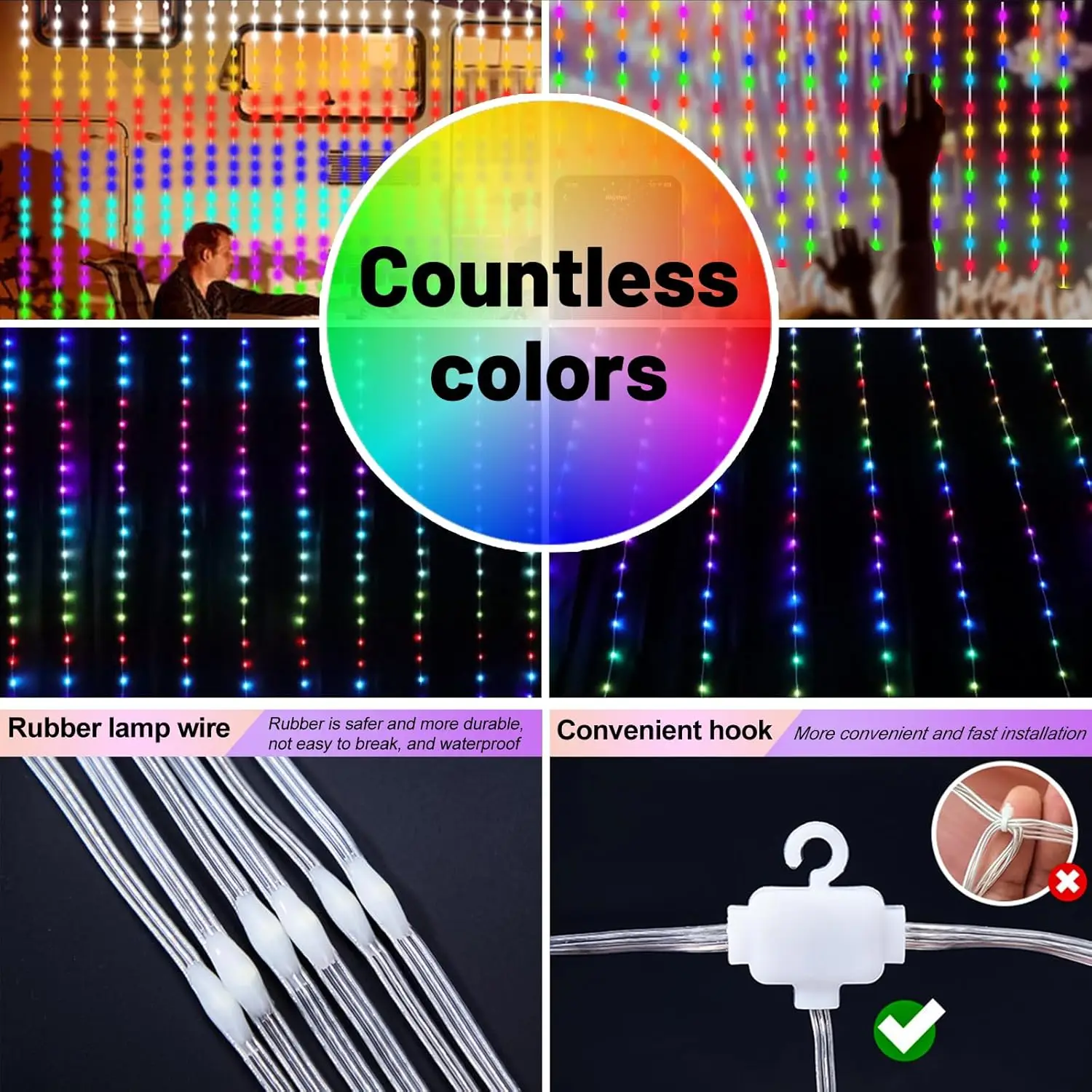 RGB Smart Curtain Lights Curtain Fairy String Lights with Remote & APP Control LED Party Lights for Wedding/Valentine's/Birthday