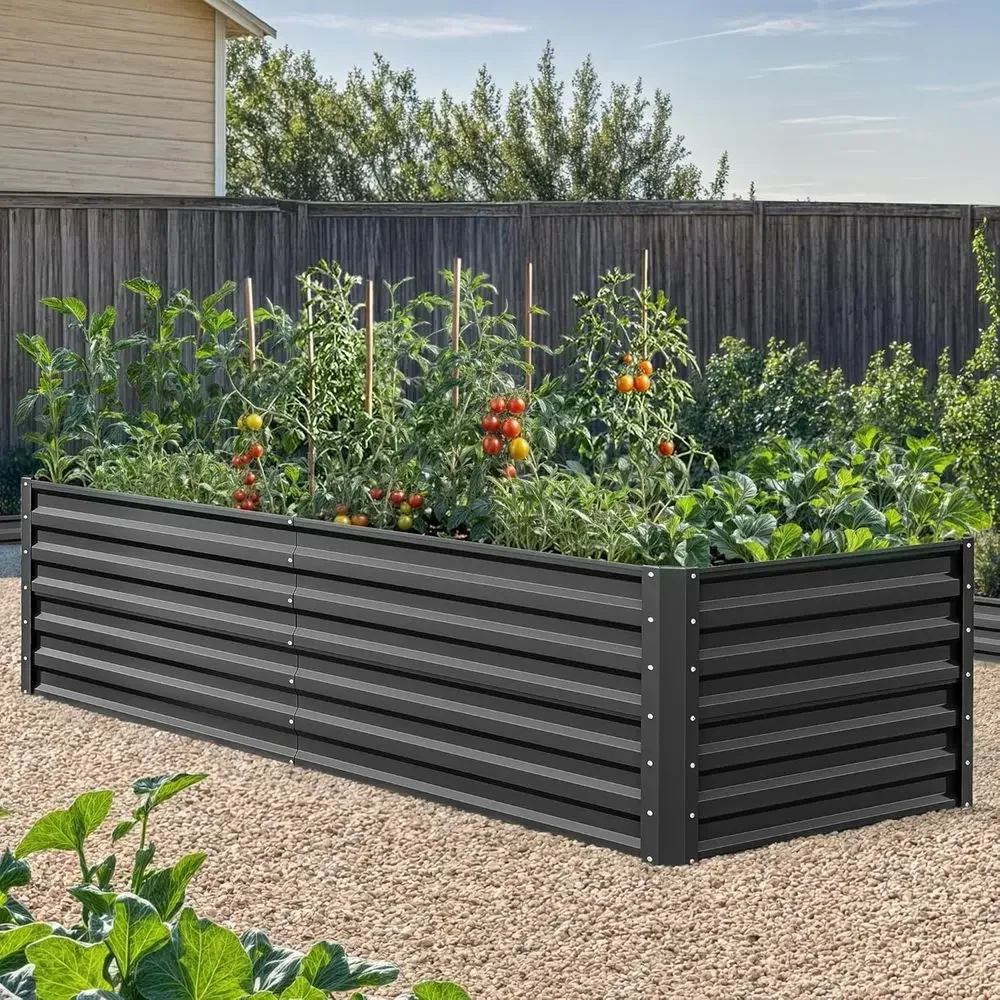 Large 72x36x24 Galvanized Metal Raised Garden Bed with Gloves and Support Rod, Black