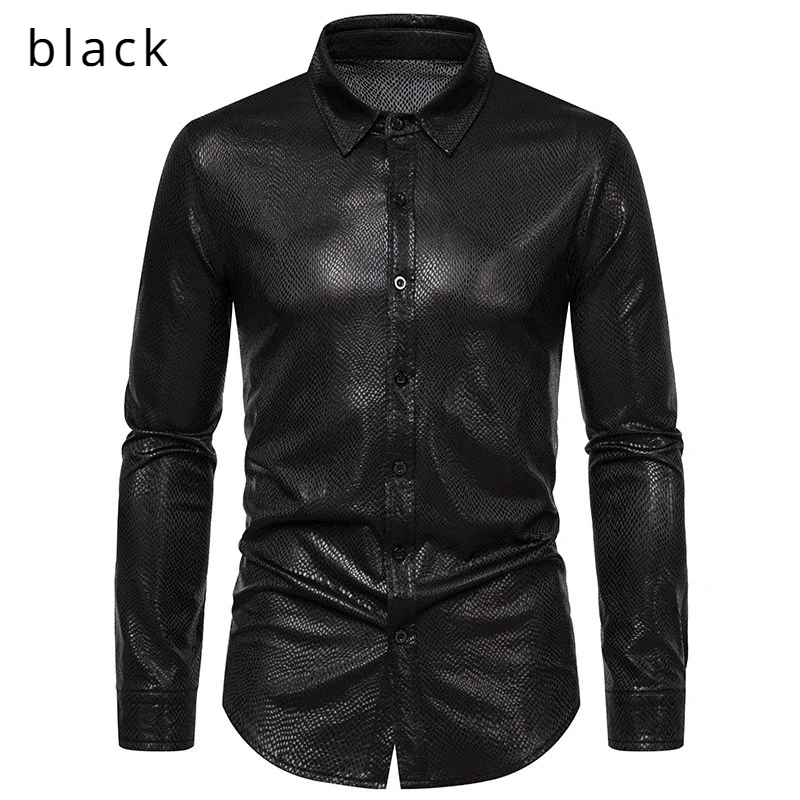 2024 Spring New Men\'s Snakeskin Pattern Hot Stamping Shirt Men\'s Stage Costume Banquet Men\'s Long Sleeve Shirt Shiny Party Shirt