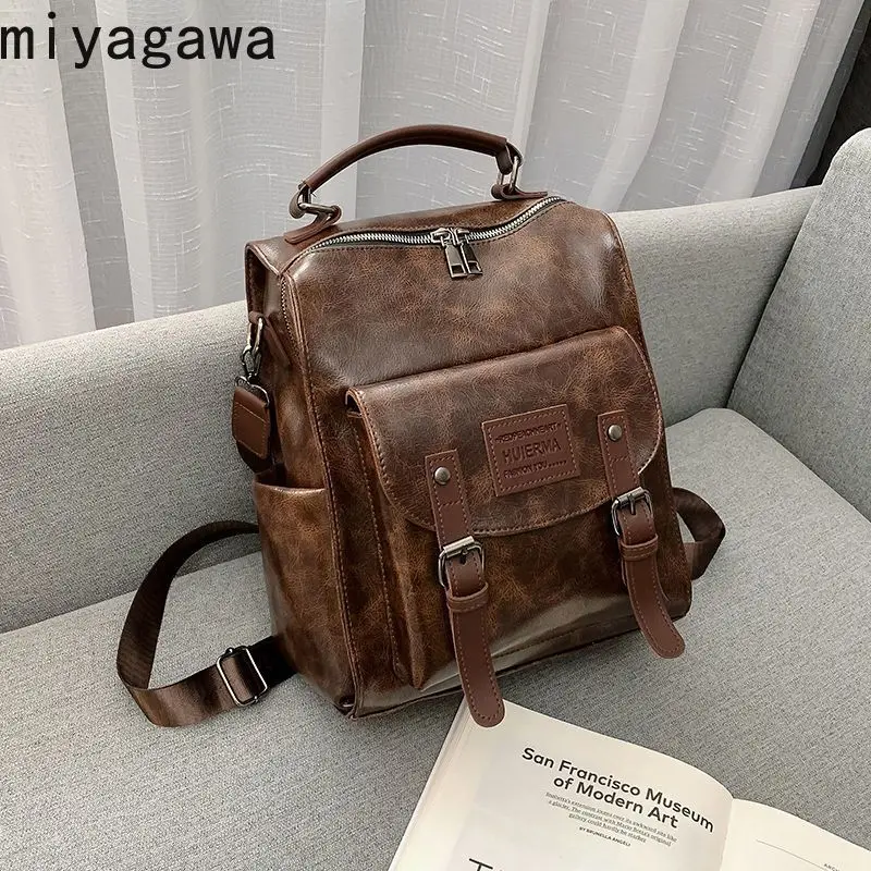 Miyagawa Backpack for Women 2023 New Campus Multi Backpack Students Retro Versatile Schoolbag High School Korean INS Style