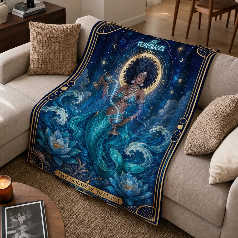 Luxurious Yemaya Goddess Throw Blanket Boho Tapestry Ocean Theme Spiritual Home Decor for Couch or Sofa Chic Tropical Mythology