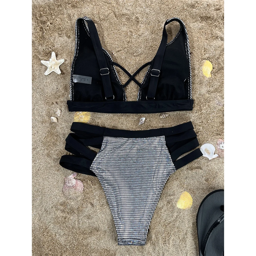 Sexy kariertes, trägerloses Damen-Badeanzug-Set, Bikini mit hoher Taille, zweiteiliger Bikini, gepolsterter Badeanzug, Badebekleidung, Modell V4450. – Detail 10