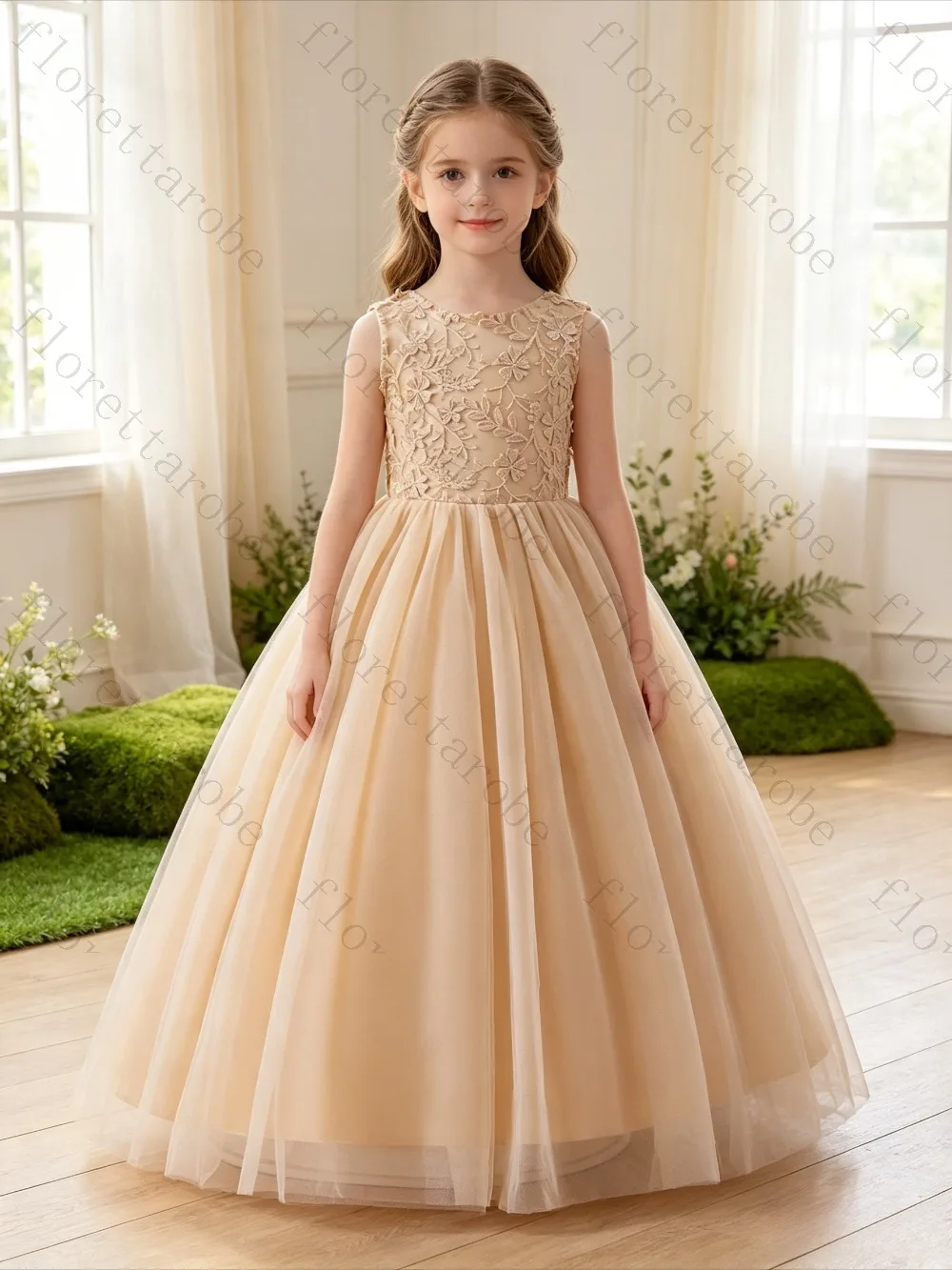 Customized A-line Champagne Color Sleeveless Long Kids Princess Dress Flower Girl Dress Birthday Pageant Graduation Prom Gown