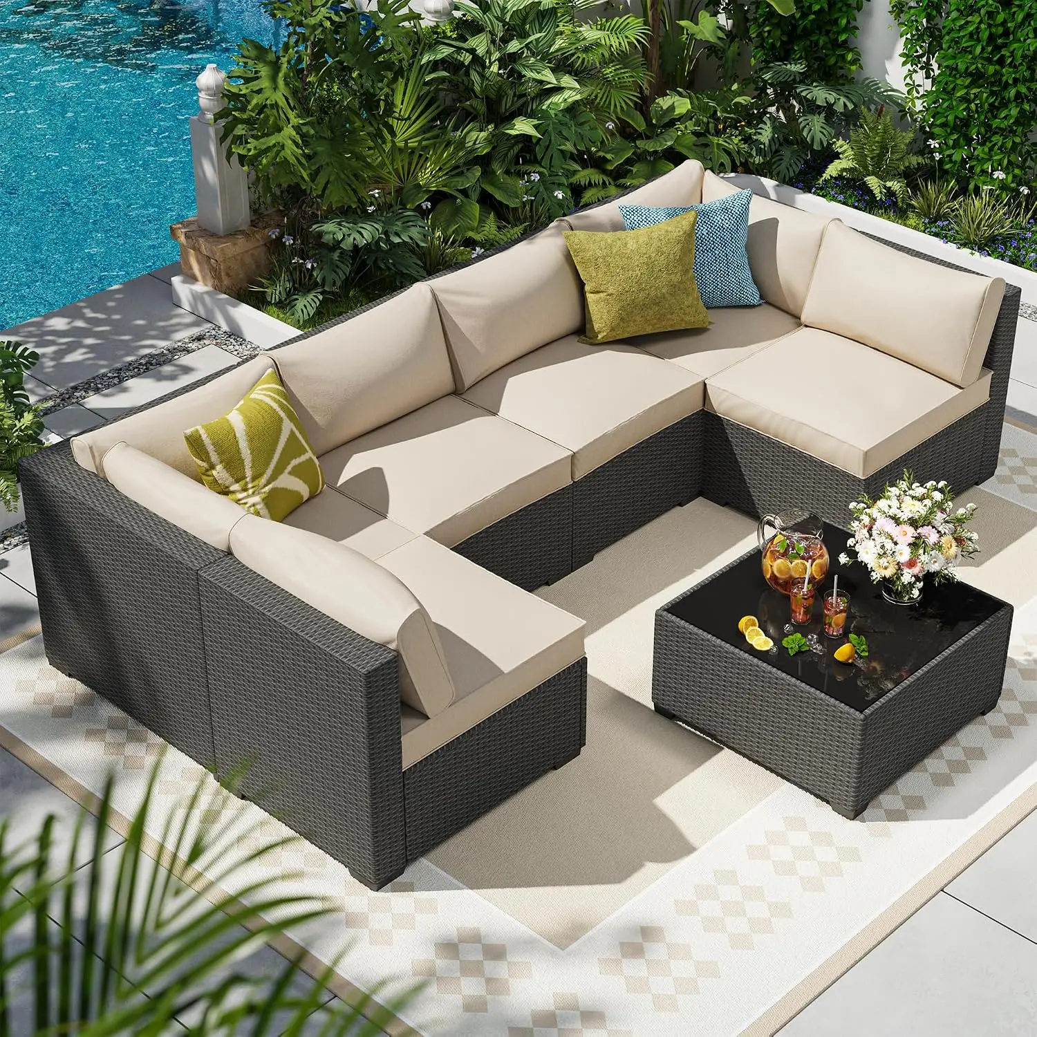 7 Piece Modular Wicker Outdoor Sectional Sofa Set, Patio Garden Furniture, Customized
