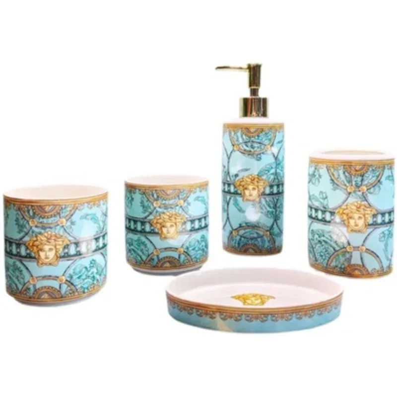

Hot Sale 5 Pieces Ceramic Luxury Couple Wedding Mouthwash Set Western Pink and Green Porcelain Bathroom Set