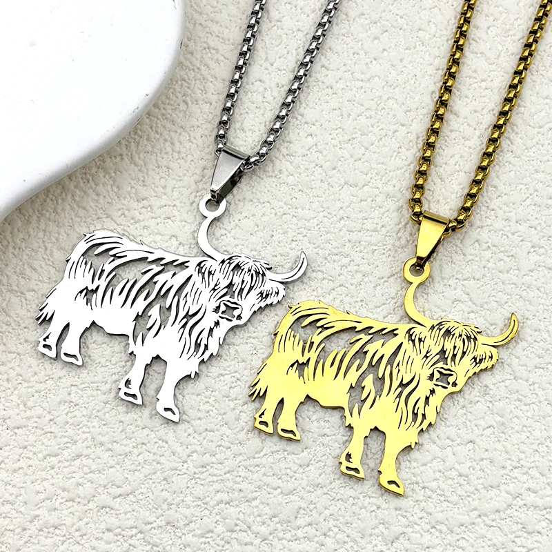 المرتفعات البقرة لطيف قلادة قلادة للنساء الرجال الفولاذ المقاوم للصدأ الفضة اللون الحيوان رقيق الشعر مزرعة الجوف سلسلة مجوهرات هدايا #2