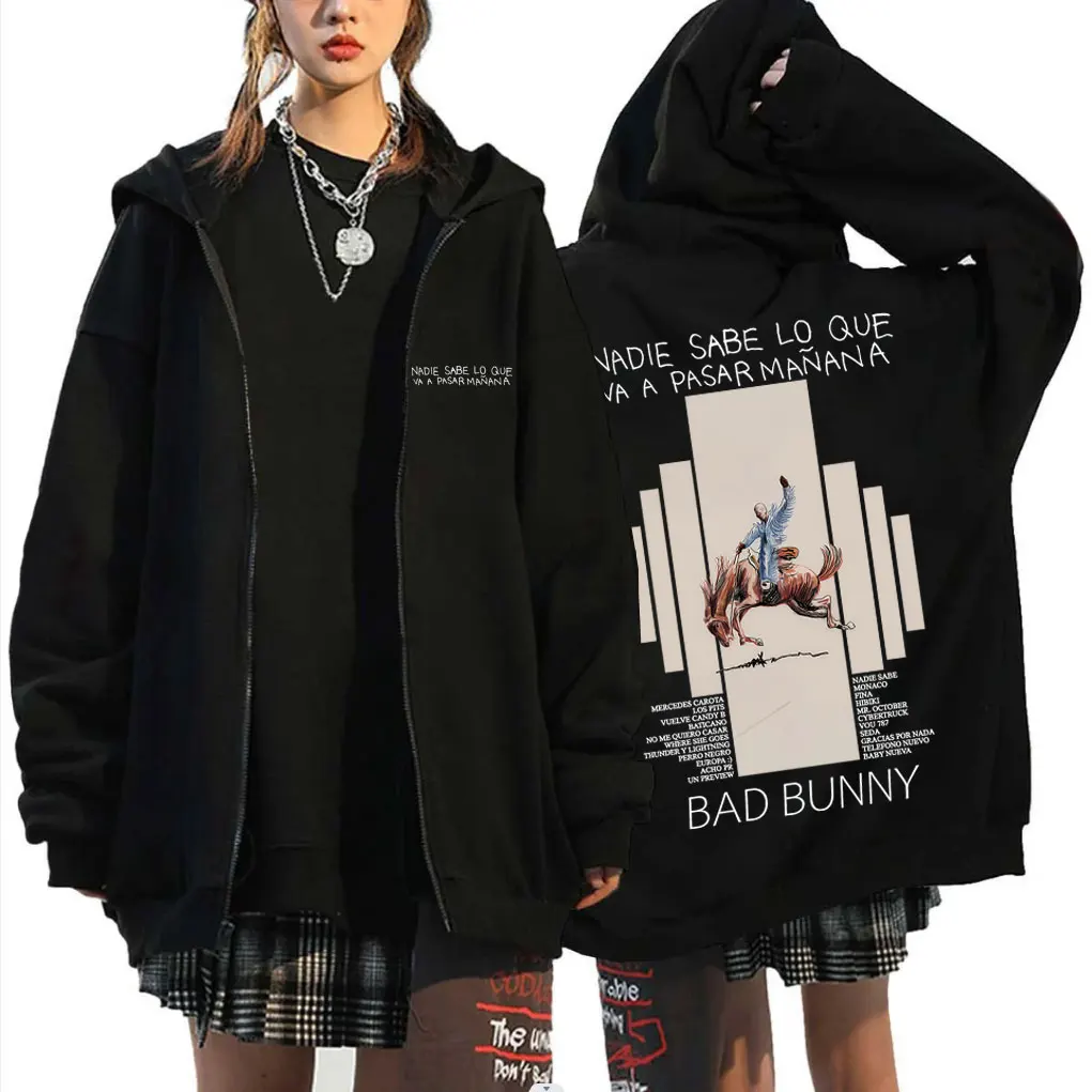 

Rapper Bad Bunny Nadie Sabe Lo Que Va A Pasar Manana Graphic Zipper Hoodie Men Women Hip Hop Fashion Trend Zip Up Sweatshirts