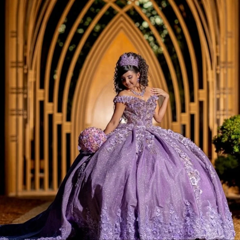 

Shiny Purple Quinceanera Dress off-shoulder glitter crystal 3D flower decal Long tail Bow vestidos de 15 Quinceanera ﻿Customize
