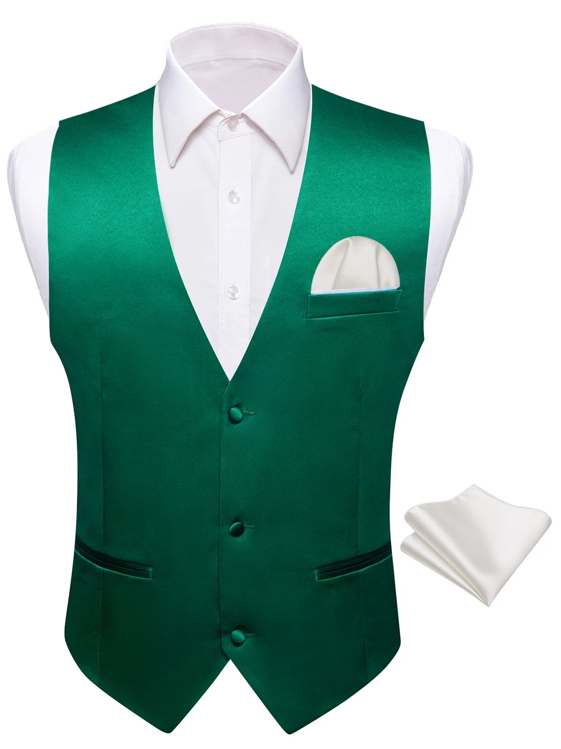 Green Satin Timeless Solid Plain Waistcoat Men's All-Match Formal Vest with White Pocket Square
