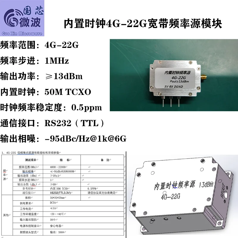 

4G-22G broadband frequency source, output power 13dBm step 1MHz built-in clock