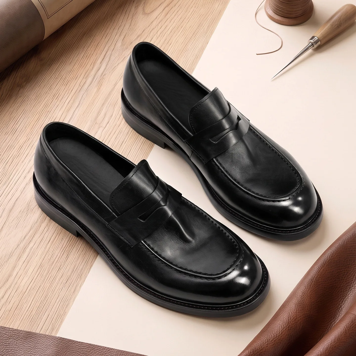 YETTIES Men's Washed Horsehide Leather Slip-On Loafers | British Vintage Handmade Casual Business Dress Shoes for Men