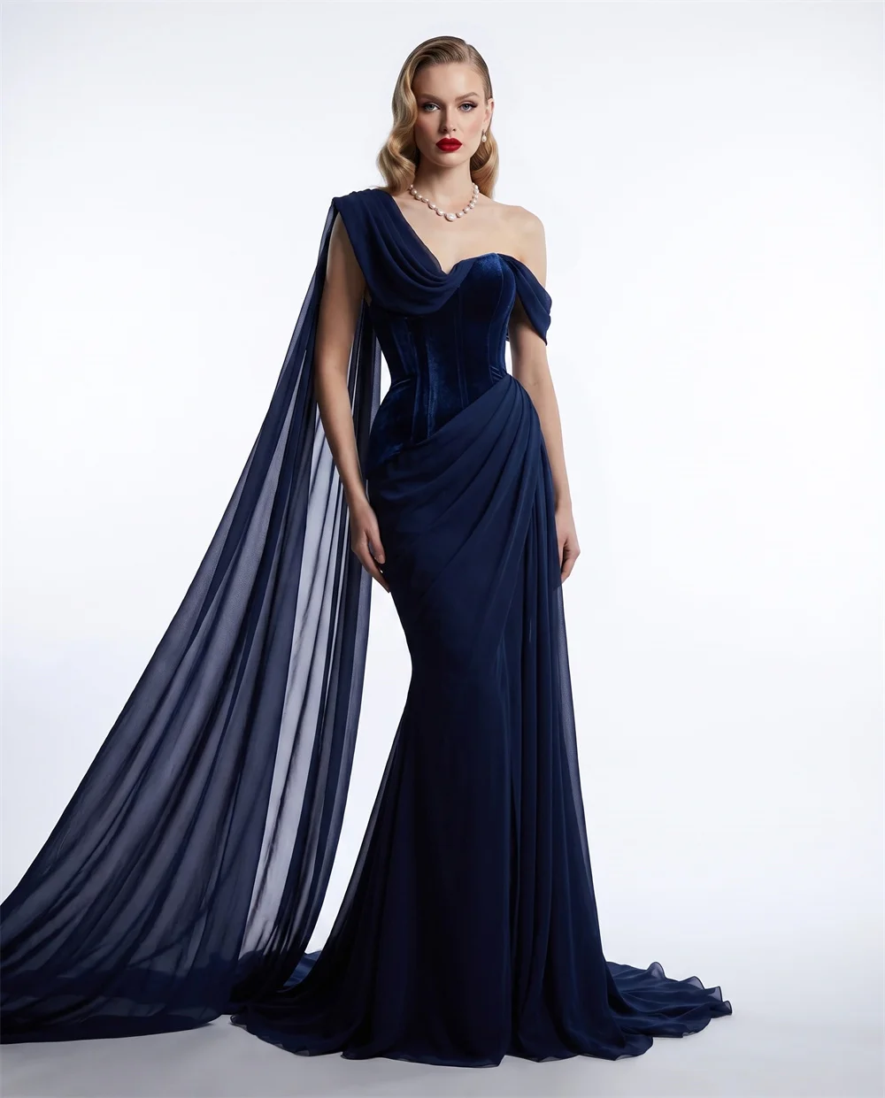 Bella One Shoulder Velvet Chiffon Cape Train Prom Dresses Long Draped Formal Evening Gowns Navy Blue Wedding Guest Party Dress