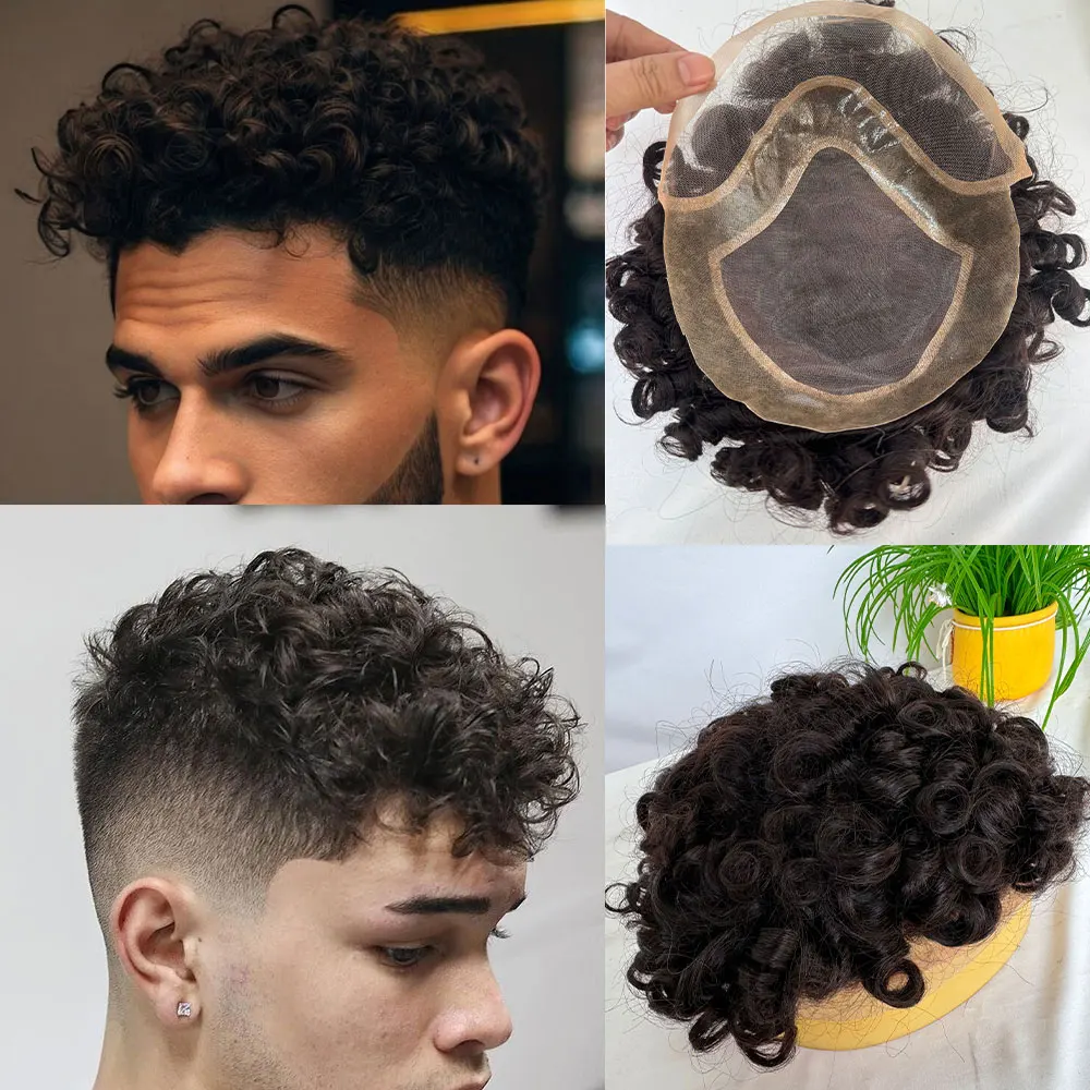 

Вьющийся мужской парик, системы замены человеческих волос для мужчин, система вьющихся волос 20 мм, 8x10, моно кружевной верх с прочным полиуретаном вокруг