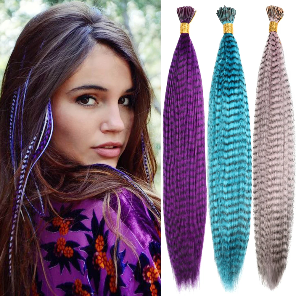 Penas coloridas extensões de cabelo sintético 16 polegadas 10 peças/pacote fibra Hairpiece cor azul rosa para as mulheres cabelo falso