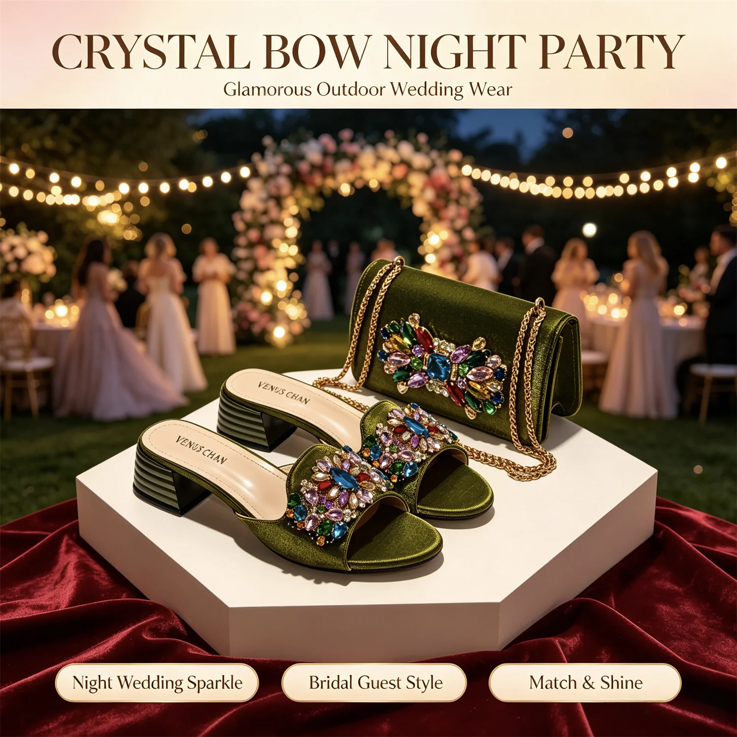 Olivgrüne Strass-Sandalen mit passender Tasche, Damen-Pantoletten mit Blockabsatz, bunte Kristall-Pantoletten, Clutch-Tasche für Hochzeiten – Detail 1