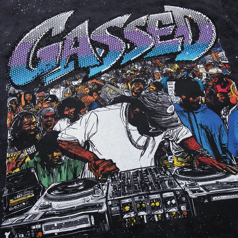 Weißes Acid Wash T-Shirt für Herren mit Strass-DJ-Konzert-Grafik Übergroßes Grunge Baumwoll-Sommer-Y2K-Streetwear-T-Shirt im Vintage-Stil – Detail 7