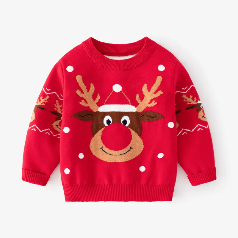 Winter Thickened Children's Sweater Boys And Girls Double Deer Jacquard Kid Sweater Knitted Red Christmas Decoration Clothing