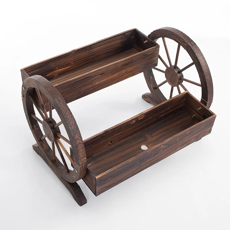 Carbonized wood wheel flower pot courtyard garden decorative planting pot outdoor balcony solid wood flower box wooden flower po