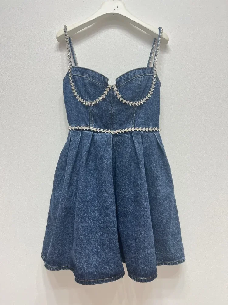 Mini robe en denim patchwork de diamants irréguliers pour femmes, robe à bretelles sexy pour femmes