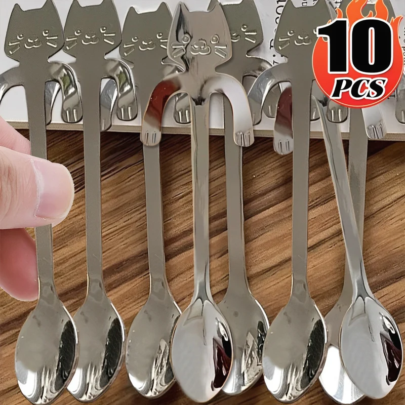 1/10PCS Stainless Steel Cat Coffee Spoon Creative Hanging Ear Teaspoon Ice Cream Dessert Spoons Scoops Tableware Kitchen Gadgets