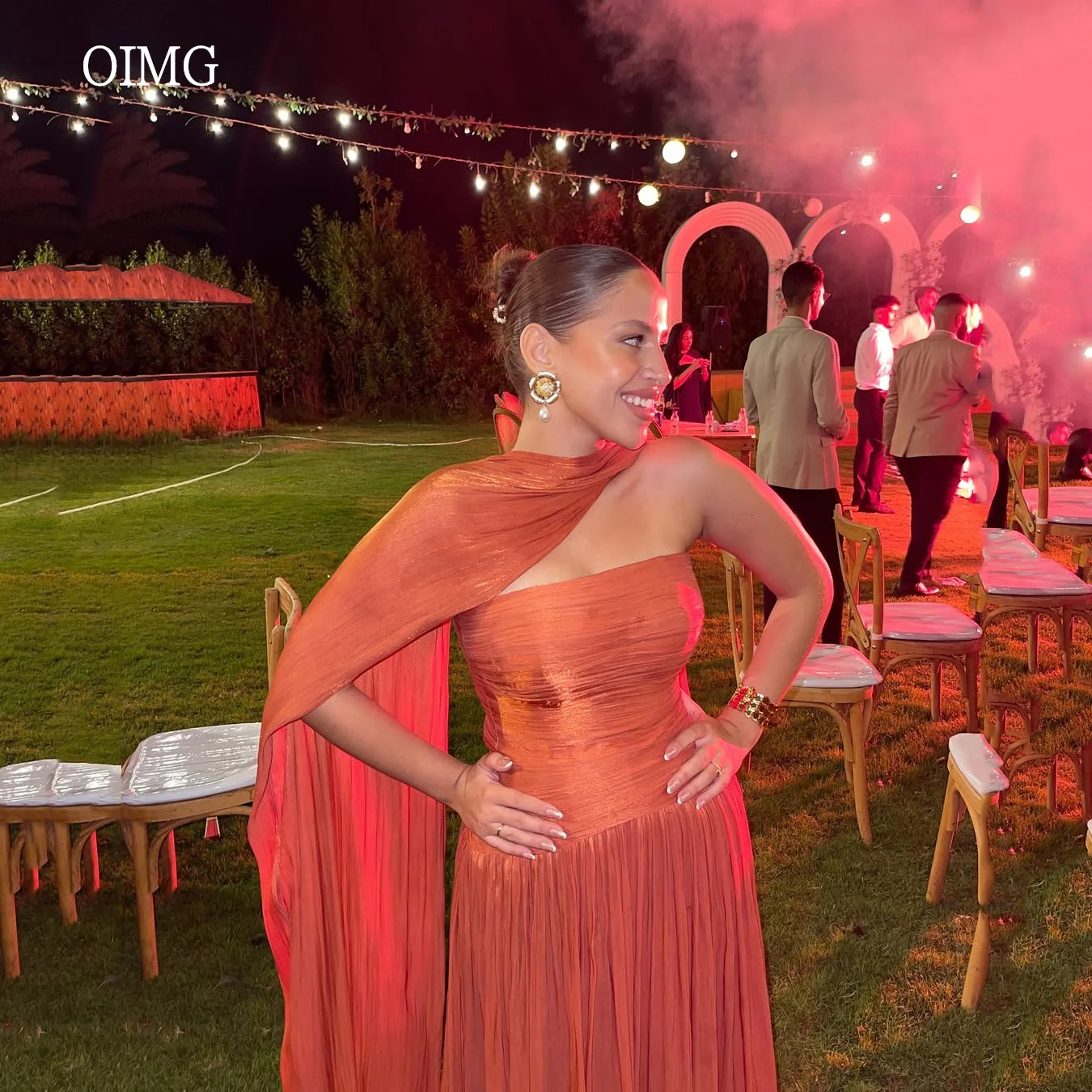 

OIMG Trendy Orange A Line Prom Gowns Strapless With Cap Party Gown Floor Length Evening Dress vestidos de festa Customized