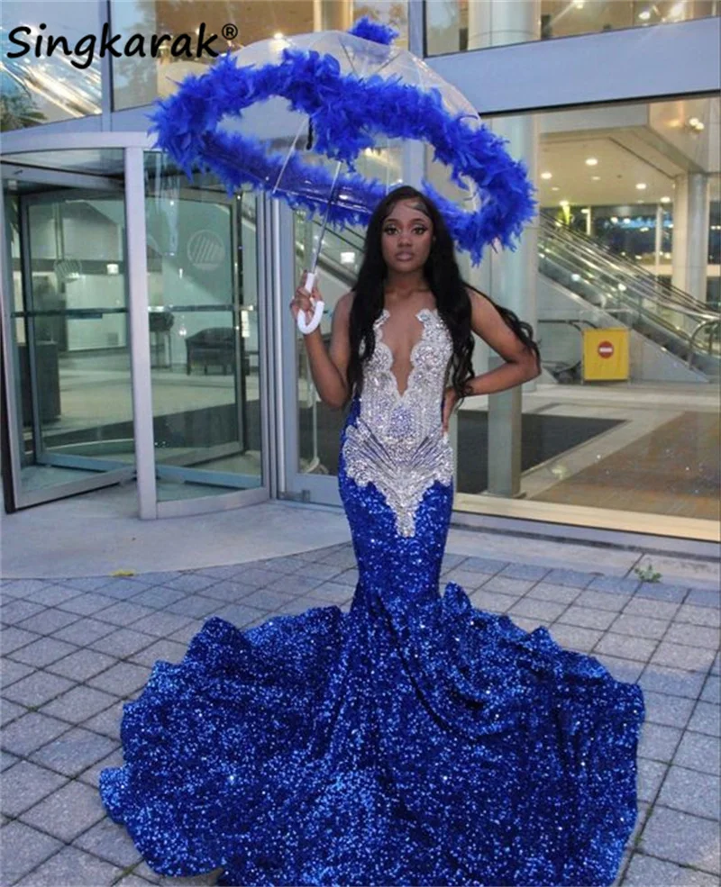 Vestido de graduación azul real con diamantes brillantes, cuentas de cristales, diamantes de imitación, lentejuelas, fiesta de cumpleaños, boda, recepción, vestido de noche, 2024