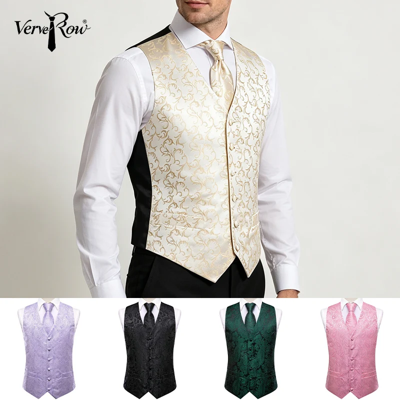 VerveRow Men V-Neck Floral Jacquard Waistcoat Vest Tie Pocket Square Set Champagne Wedding Party Formal Suit