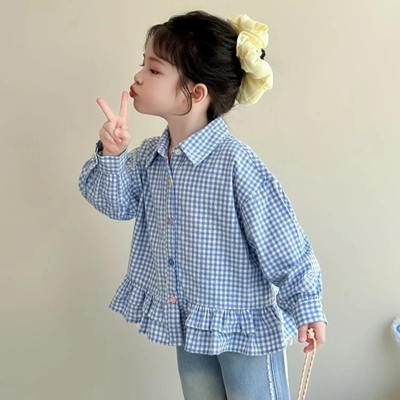 2026 Girls Plaid Shirt Sweet Ruffle Collar Autumn Tops Kids Fashion Children Blouse 5