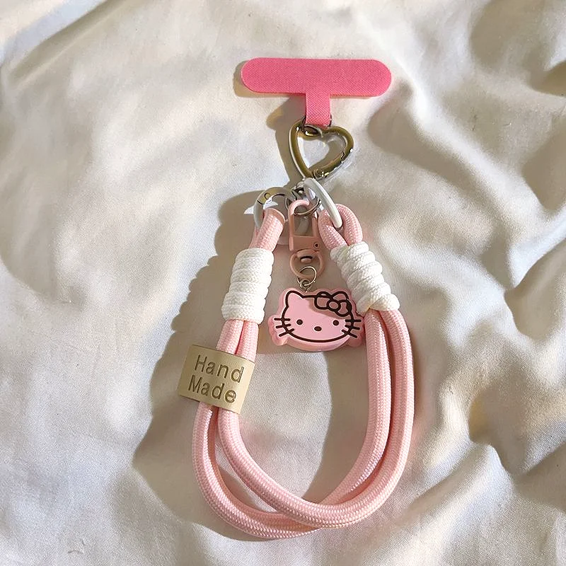 Hello Kittys Sanrios Weaving Rope Phone Chain Kawaii Cute Student Keychain Phone Decorative Bracelet Backpack Pendant Toys Girls