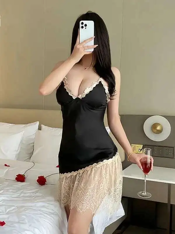 Sexy Women's Water-soluble Floral Seductive Women's Satin Suspender Dress Lace Patchwork Clothing French Style Summer New 4723