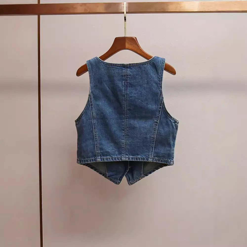 Baga Donna ort Gilet di jeans V-Ne Heart Bule Faionable Retro Blu Jaet Foderato in cotone Stagione autunnale Altro Sle