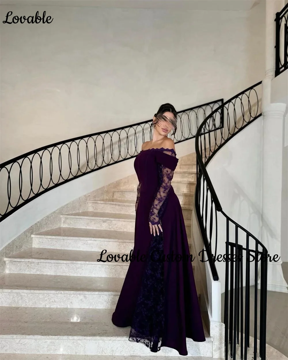 Customized Prom Dresses 2025 A-Line Off-The-Shoulder Neckline Floor-Length Lace Zipper Up Long Sleeves Dress Women Elegant