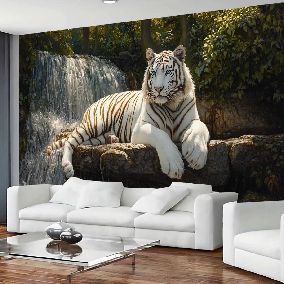 Majestic White Tiger Landscape Tapestry - Polyester Knit Fabric, Brushed Finish, Animal Print, for Living Room, Bedroom - 1 pc